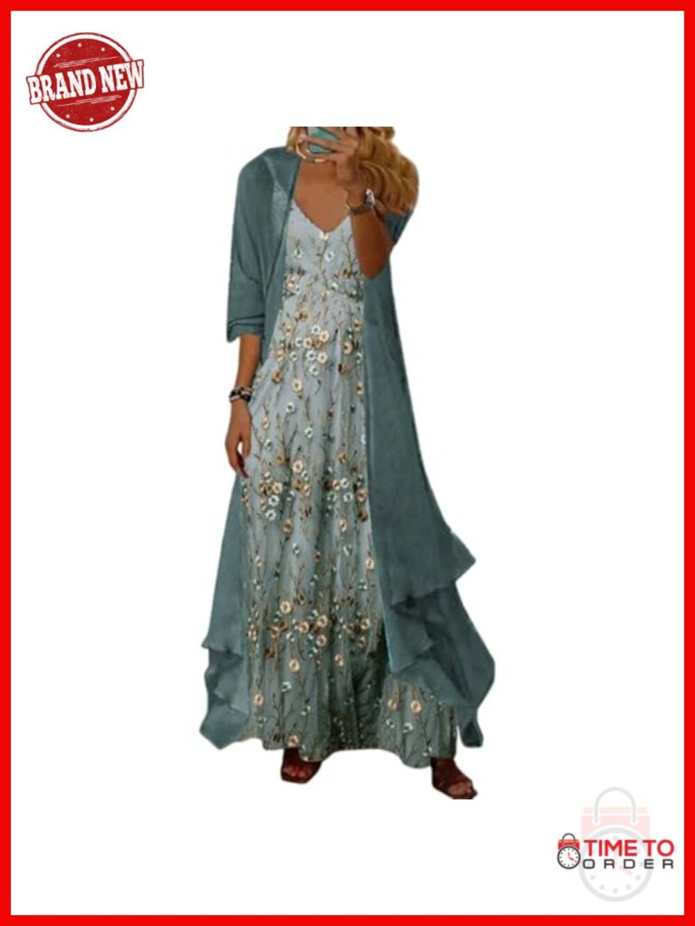 2 Piece Maxi Dress Set Spaghetti Strap Sheer Cardigan